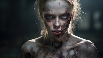 A pale-skinned female zombie with a blank stare, creature from horror and apocalypse stories. - obrazy, fototapety, plakaty