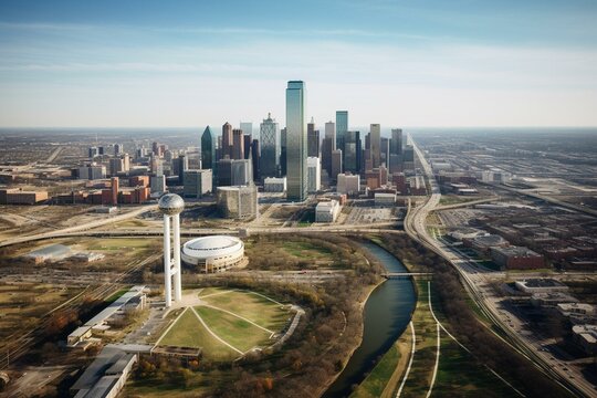 Breathtaking cityscape of Dallas, featuring the iconic Reunion Tower, a highway, and a park. Generative AI
