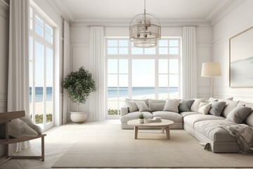 Coastal Hampton living room with mock white wall and cozy interior background. 3D illustration. Generative AI