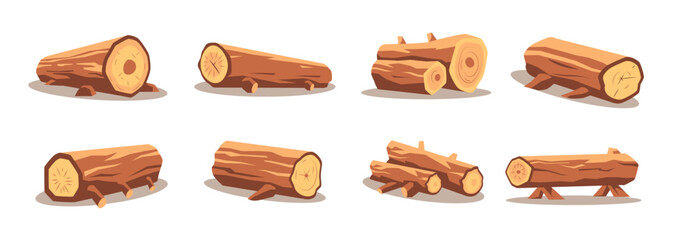 Wood log and trunk illustration set. Wooden lumber material in cartoon style. Logs, firewood, branches icon vector