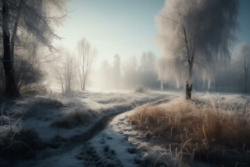 A peaceful winter landscape with a serene atmosphere. Generative AI