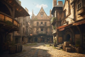 Digital concept of a heroic medieval city street with strong colors and classic buildings. Generative AI