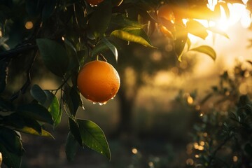 Backlit orange on Valencia orchard tree. Generative AI - obrazy, fototapety, plakaty