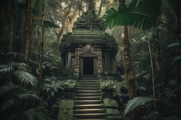 A temple in a mysterious jungle surrounded by ancient ruins in a picturesque fantasy tropical forest. Generative AI