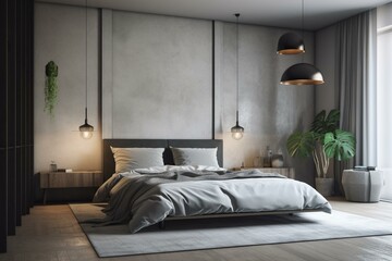 Modern bedroom featuring a stylish box spring bed. Generative AI