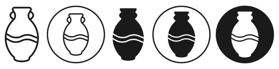 Ceramic Vase symbol Icon. Art of an old bowl with the decorative handle. Vector set of pottery clayware to show case on table made of clay. Flat outlined piece shape of ancient vintage style pot jar