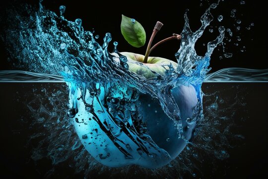 An apple with water splash on side, black and blue background with water splash on bottom. Generative AI