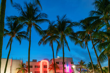 Night view of South Miami Beach, hotels and restaurants in Ocean Drive, Miami Beach, Florida.