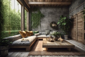 Stylish outdoor living space with wooden and concrete floors, rough concrete walls with wood plank pattern, green plant fence, and ratten and fabric furniture. Generative AI