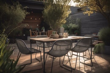 Modern outdoor dining space featuring a polished metal table and vibrant patio seating. Generative AI