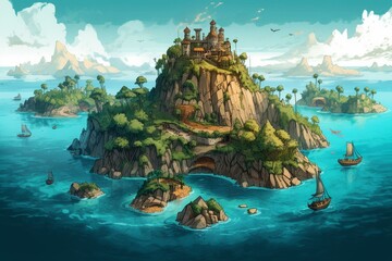 a cartoon-style illustration of a beautiful island archipelago amidst the ocean. Generative AI