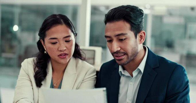 Business people, teamwork and documents planning, brainstorming solution and financial report or debt analysis. Accountant for collaboration with audit or taxes paperwork and computer problem solving