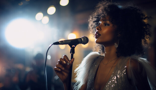 Beautiful black female singer with microphone, stage performance