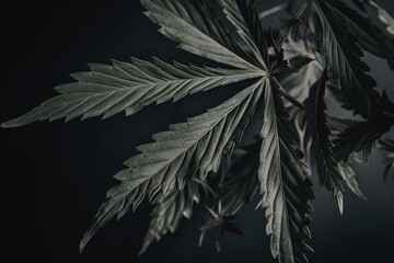 Background colored in gray featuring a single leaf of cannabis. Generative AI