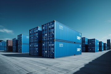 Blue shipping containers at a seaport with space for text. Vector illustration. Generative AI - obrazy, fototapety, plakaty