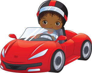 Vector Cartoon Black Boy Driving Racing Car