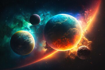 Colorful planets and star in outer space, stunning cosmos background. Digital art. Generative AI