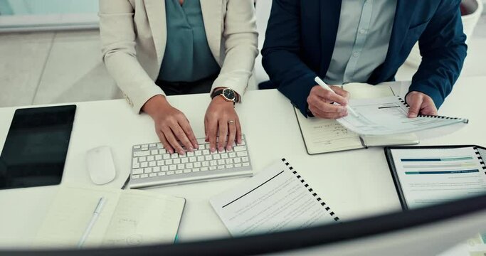 Business people, hands and documents for planning, notebook ideas or solution for legal report or contract above. Lawyer with teamwork on computer, paperwork and brainstorming or editing application
