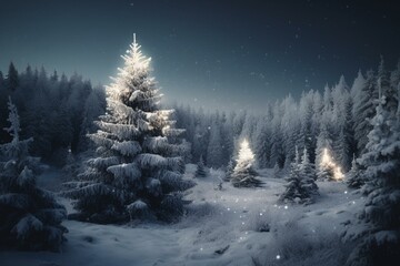 Festive winter landscape with snowy Christmas trees. Generative AI