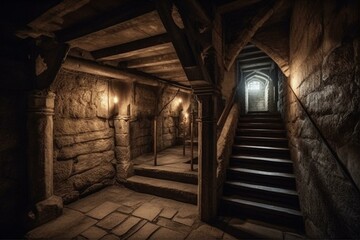 Dim medieval castle dungeon passage with illuminated underground corridor. Generative AI