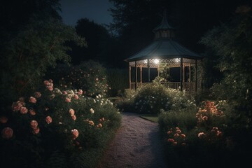 A garden with a gazebo and roses, illuminated at night by the path leading to it. Generative AI - obrazy, fototapety, plakaty