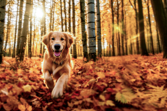 Golden Retriever running through fall leaves in forest with room for text