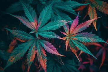 Vibrant cannabis leaves create a mesmerizing backdrop with a psychedelic pattern. Generative AI