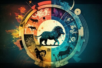 Fototapeta na wymiar Abstract zodiac symbol on colorful computer collage. Generative AI