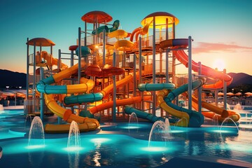 Colored water park slides without people. - obrazy, fototapety, plakaty