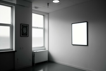 A well-lit office space with a vacant white poster on display. Generative AI