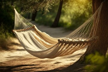 Empty hammock for summer relaxation. Generative AI