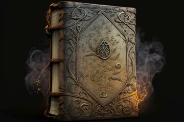 Ancient leather tome with misty smoke. Isolated witchcraft grimoire. Generative AI - obrazy, fototapety, plakaty