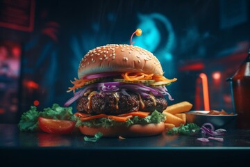 delicious burger on neon background. Generative AI