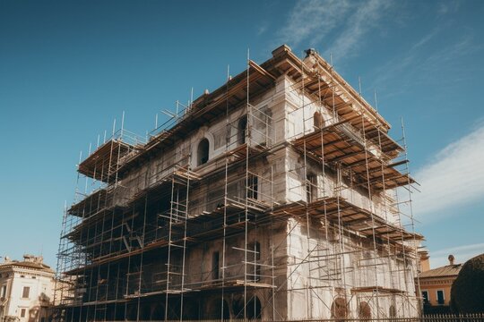 A scaffolded construction under a clear sky, symbolizing renovation. The image relates to the 110 superbonus initiative in Italy. Generative AI