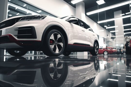 Luxury red and white car parked in a modern showroom. Focus on the shiny white car. Car dealership concept. Showroom interior. Automotive industry in the coronavirus crisis. Generative AI