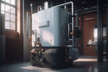 A 3D model displaying a combined gas boiler and water heater unit designed for residential use. Generative AI