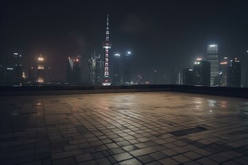 Fototapeta na wymiar Nighttime skyline of Shanghai, China with modern buildings against an empty square floor. Generative AI