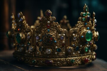 Opulent medieval crown crafted from valuable metals and gemstones, representing ancient authority. Generative AI