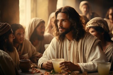 Jesus at the wedding in Cana, digital image. - obrazy, fototapety, plakaty