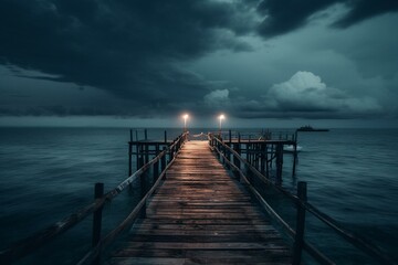 Fototapeta na wymiar Nighttime pier at sea with cross and dramatic sky. Generative AI