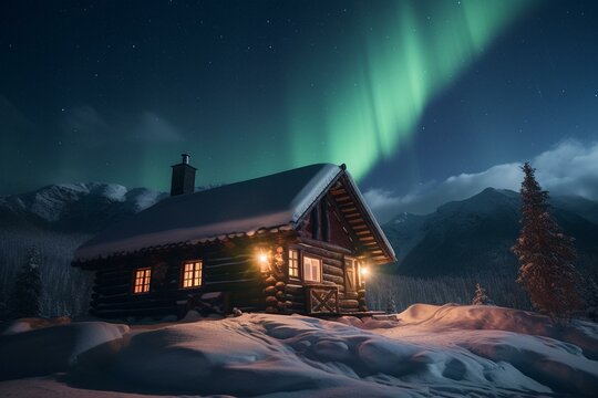 Stunning winter scenery of a wooden house with a lit window in snowy mountains under the mesmerizing Northern Lights. Celebrating Christmas, holidays, and winter vacations. Generative AI