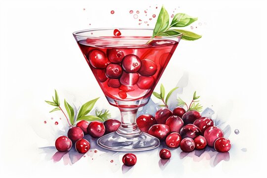 Isolated watercolor cosmopolitan with cranberries on white background. Drink illustration. Generative AI