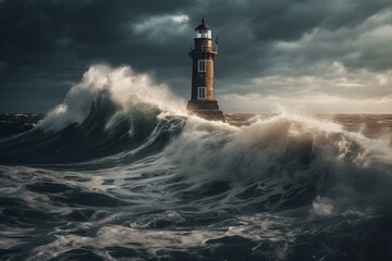 Fototapeta na wymiar Lighthouse standing tall amidst turbulent ocean waves. Generative AI