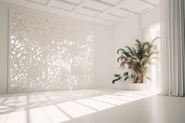 3d set with blank white background, floral patterns with window shadows.A spacious area for showcasing products or hosting concerts. Generative AI