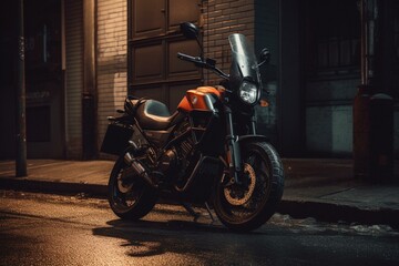 A motorcycle beside the urban wall, equipped with a phone holder. Generative AI