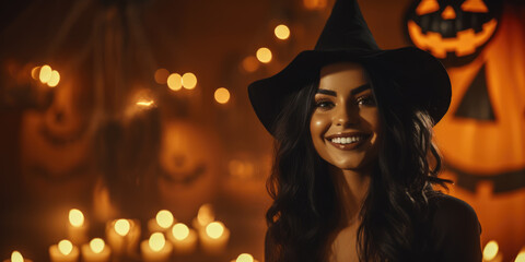 Young witch in cemetery with tombstones and orange lights pumpkins in Halloween night.