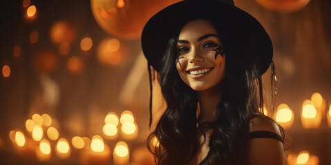 Fototapeta premium Young witch in cemetery with tombstones and orange lights pumpkins in Halloween night.