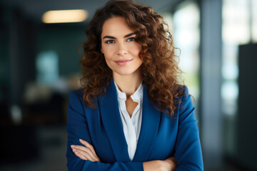 Fototapeta premium Graceful Confidence: A Successful and Ambitious Woman in a Modern Blue Suit, Crossed Arms, and a White Shirt, Looking at the Camera with Brown Hair and Eyes