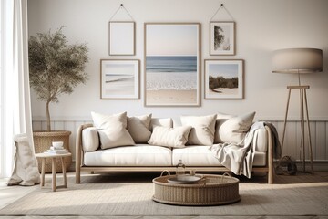 Coastal styled living room with a mock-up white wall in a cozy home interior. Hampton inspired 3D-rendered illustration. Generative AI