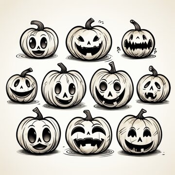 A set of halloween pumpkins with different faces. Digital image. Halloween decor.